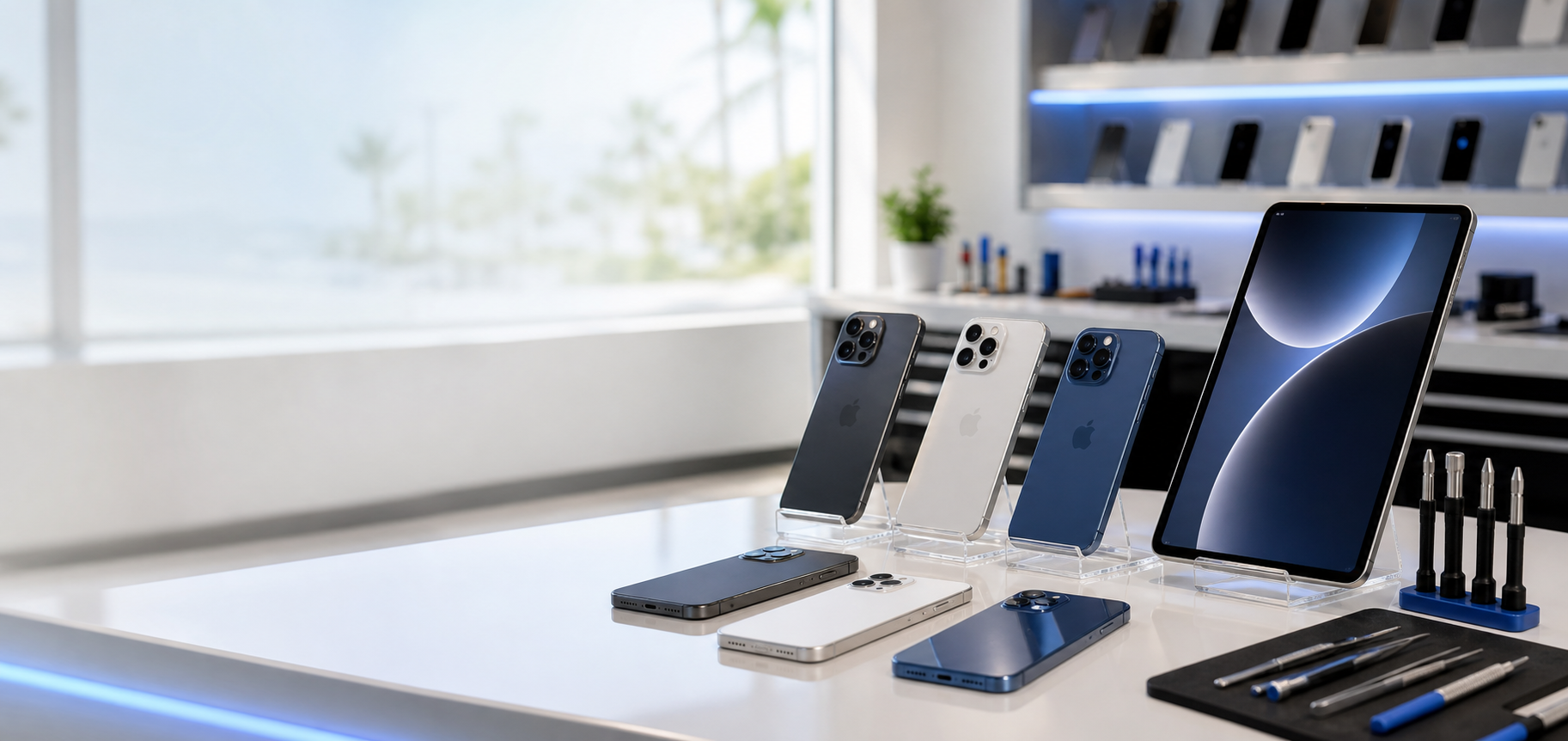 Modern phone resale and repair counter with smartphones and a tablet